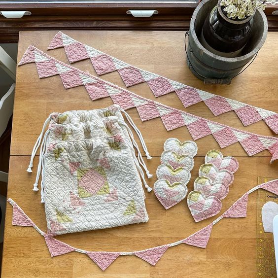 Repurpose old "Cutter Quilts" into pincushions, bags, pennants. Inspiration from Farm Down the Lane.