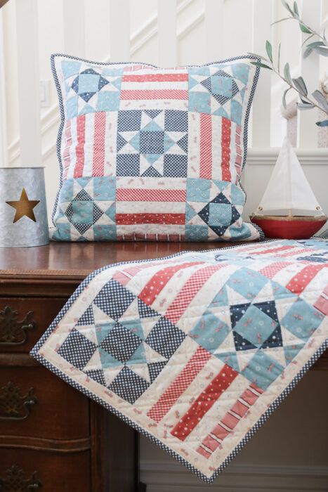 Quilted patchwork Stars and Stripes pillow and table runner tutorial perfect for the 4th of July.