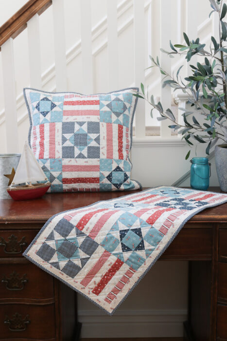 Quilted patchwork Stars and Stripes pillow and table runner tutorial perfect for the 4th of July.