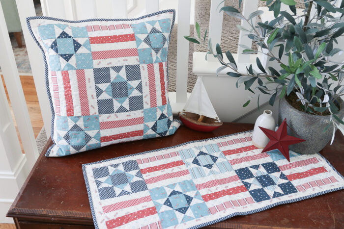 Quilted patchwork Stars and Stripes pillow and table runner tutorial perfect for the 4th of July.