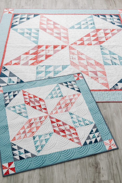 Sugarhouse Star quilt pattern in 78" x 78" throw size and 40" x 40" baby size.