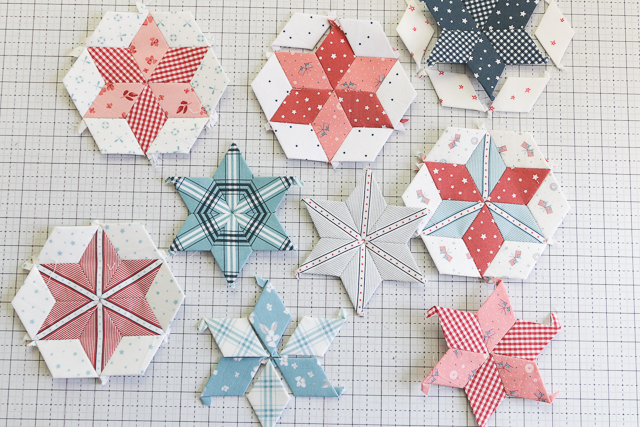 English Paper Piecing using 60 degree diamonds and the Portsmouth Fabric Collection