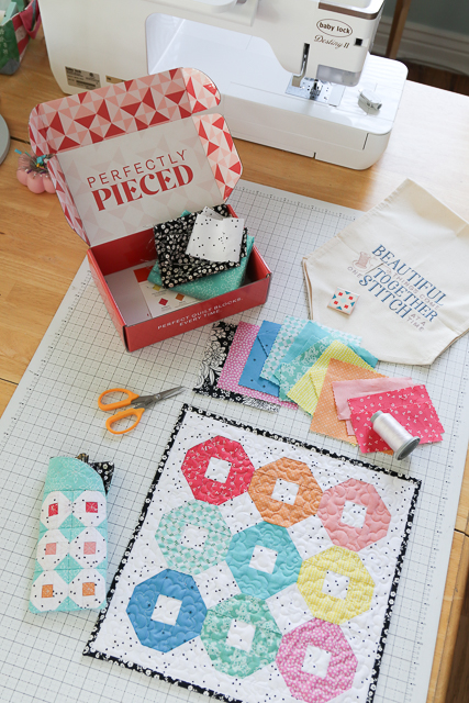 Perfectly Pieced Subscription box contains the fabric, supplies, and digital filed for foundation pie