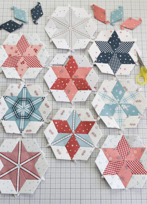 English Paper Piecing Diamond Stars with Portsmouth fabric.