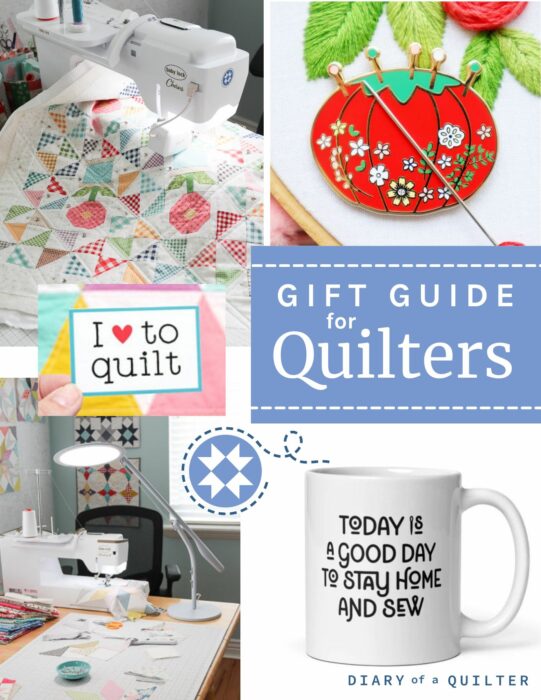 Gift Guide for Quilters and Sewists including: tools, notions, jewelry, stickers and sewing machines.