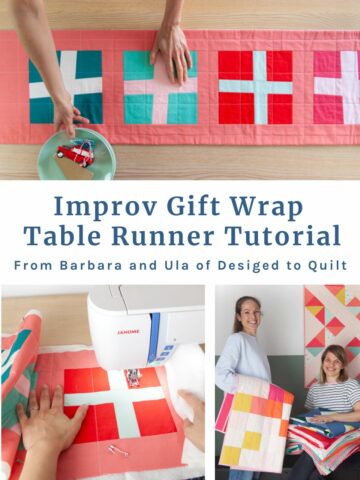 Free Quilt pattern for Improv-piecing gift wrap quilt block table runner from Ula and Barbara at Designed to Quilt.