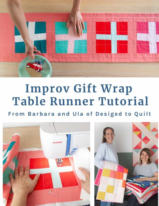 Free Quilt pattern for Improv-piecing gift wrap quilt block table runner from Designed to Quilt