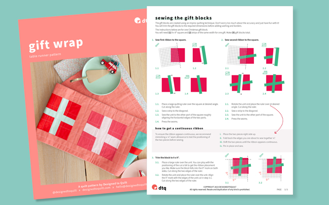 Free Quilt pattern for Improv-piecing gift wrap quilt block table runner