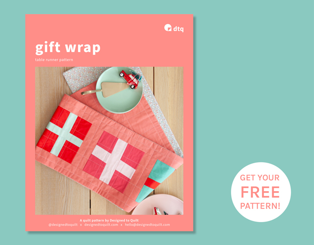 Free Quilt pattern for Improv-piecing gift wrap quilt block table runner from Designed to Quilt