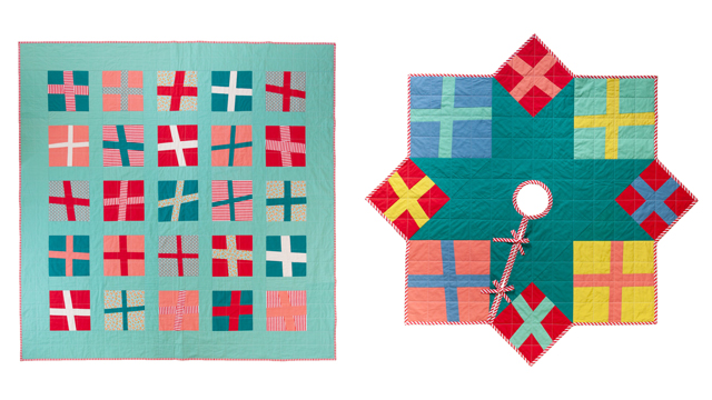 Quilt patterns for Improv-piecing gift wrap quilt and tree skirt from Designed to Quilt