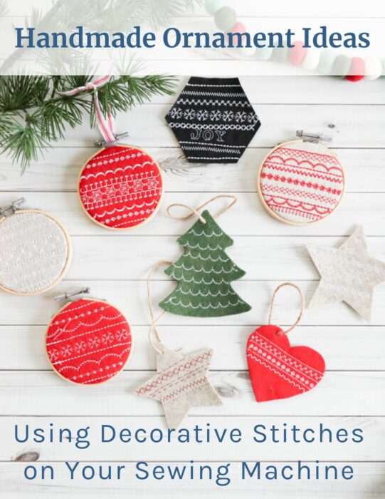 Handmade felt gift tags/Christmas ornament tutorial made with decorative Baby Lock sewing machine stitches.