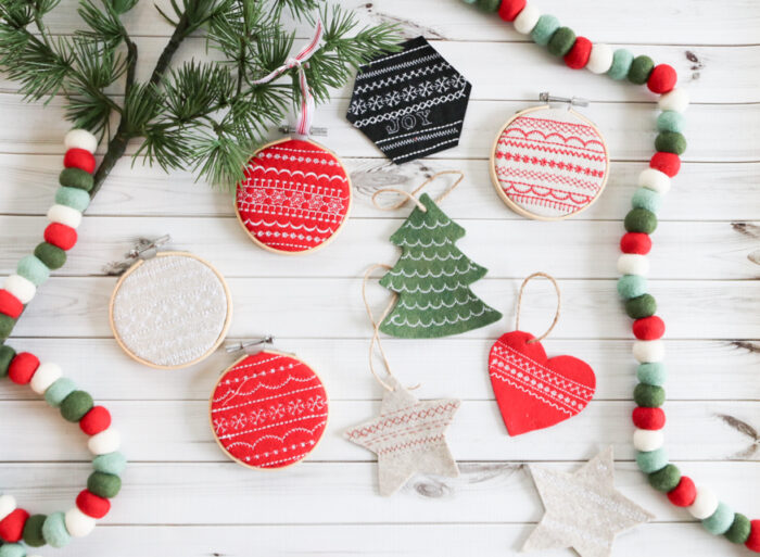 Handmade decorative Christmas ornament tutorial made with decorative sewing machine stitches.
