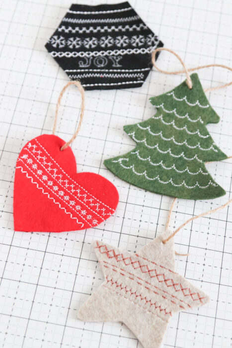 Handmade felt gift tags/Christmas ornament tutorial made with decorative sewing machine stitches.