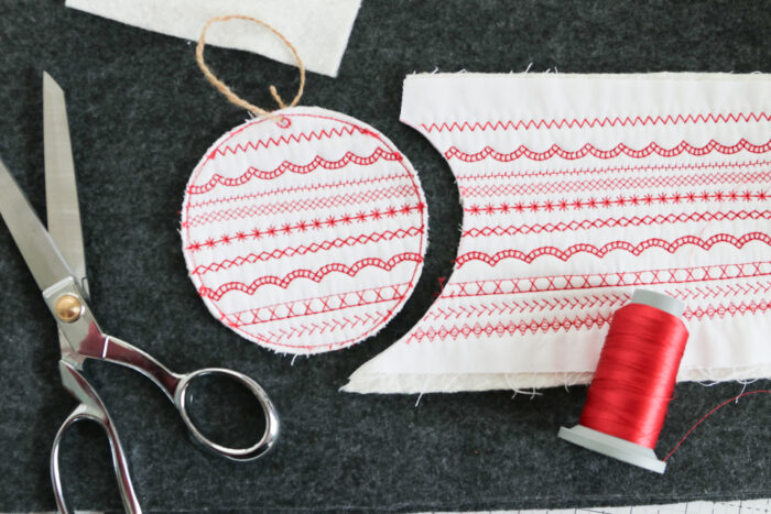 Handmade decorative Christmas ornament tutorial made with decorative sewing machine stitches.