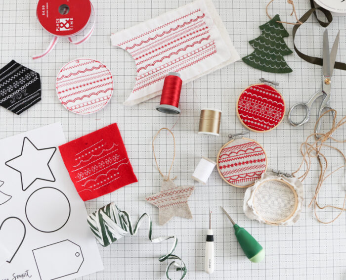 Handmade decorative Christmas ornament tutorial made with decorative sewing machine stitches.