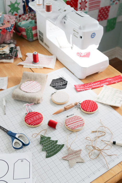 Handmade felt gift tags/Christmas ornament tutorial made with decorative Baby Lock sewing machine stitches.