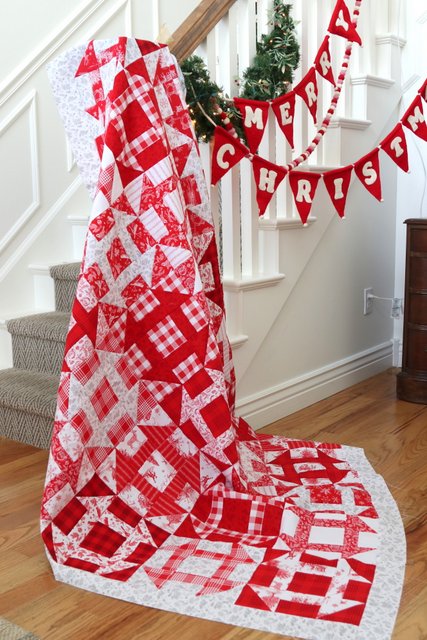 Traditional Red and White churn dash quilt made using Amy Smart's  Fast Churn Dash quilt pattern.