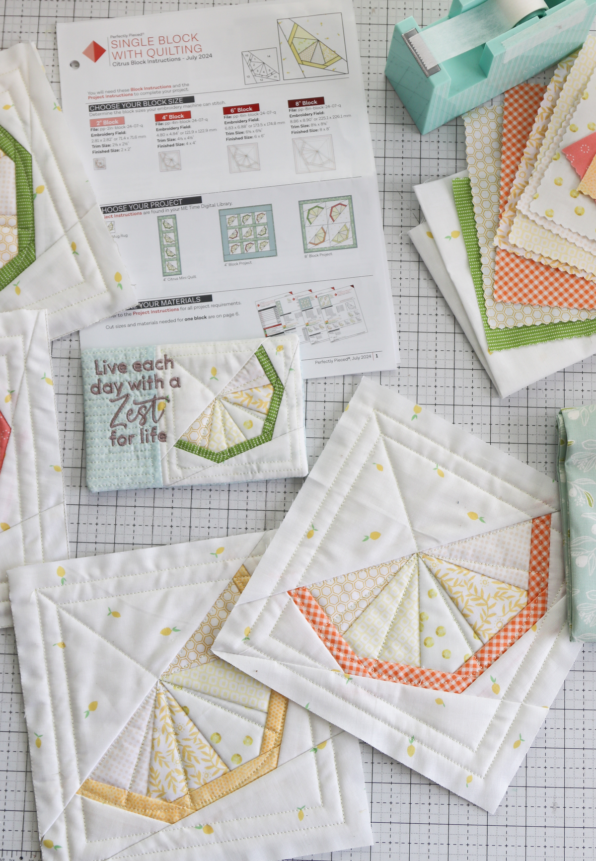 Citrus Foundation Pieced block with ME Time Embroidery