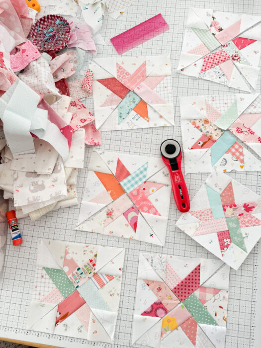 Scrappy Woven Star quilt blocks made by Amy Smart with Foundation Paper Piecing pattern from the Fat Quarter Shop