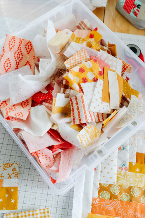 Fabric scraps - perfect for using to make an improv-style patchwork log cabin quilt block