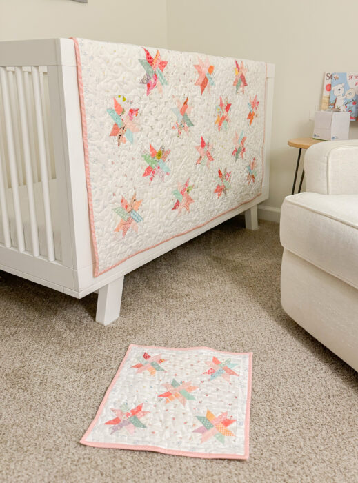 Baby quilt made from Woven Star FPP blocks and lots of low volume Hush Hush prints from Riley Blake.