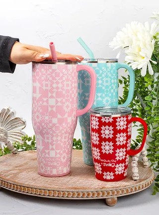 Quilt-inspired stainless Steel mugs (similar to Stanley) from the Fat Quarter Shop