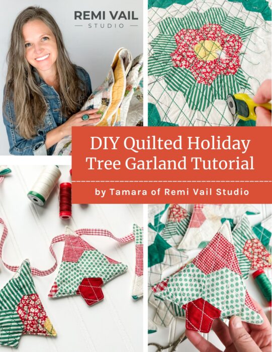 Turn your fabric scraps or vintage quilt pieces into this cozy Quilted Holiday Tree Garland! 🎄 Follow Tamara of Remi Vail Studio's easy, step-by-step sewing tutorial (with free template!) to make a festive handmade decoration for your mantel or tree. Perfect for beginners and scrap lovers alike.