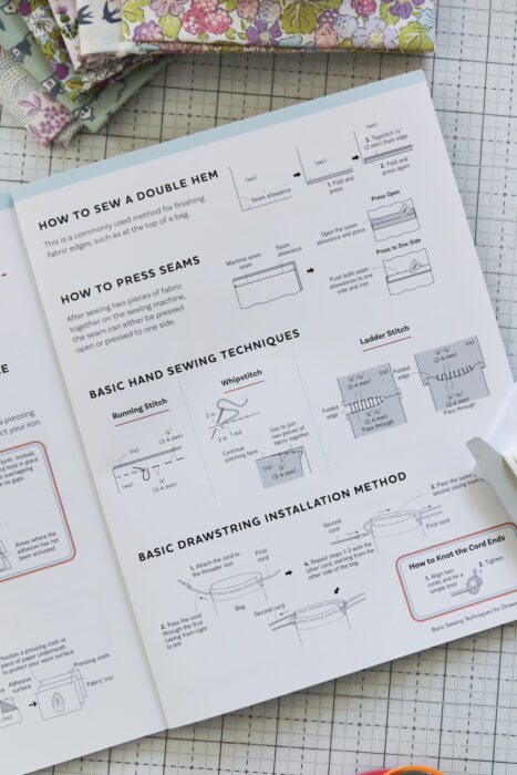 Clear illustrations and diagrams in the Zakka Workshop Drawstring Bag pattern book