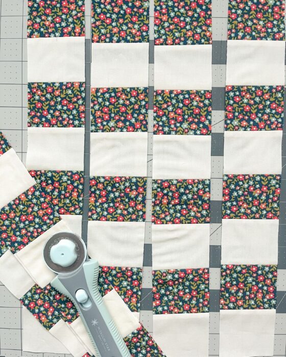 Strip set rotated and sub-cut into equal strips for the checkerboard layou