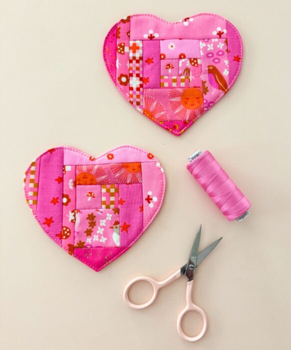 16 Easy Gifts to Sew in an afternoon: Heart Coaster Tutorial from Stacey Lee Creative- perfect for using scraps