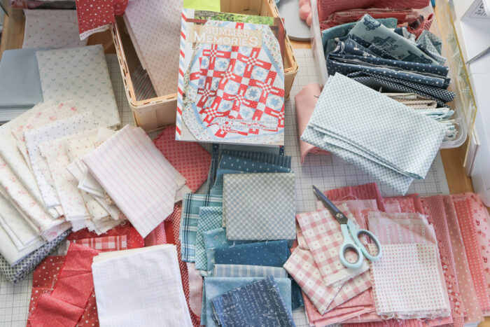 Red, white, and blue vintage-inspired fabrics for a Summer Memories Quilt by Susan Ache
