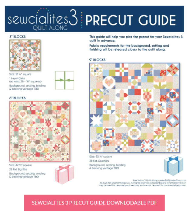Sewcialites 3 Precut Guide free from the Fat Quarter Shop