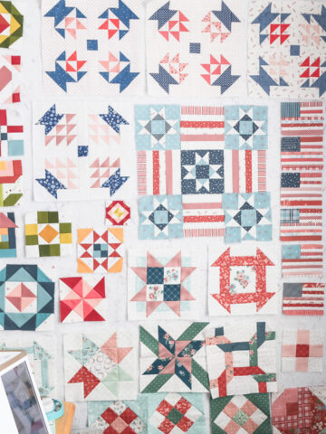 Quilt blocks made by Amy Smart on her sewing room Design Wall