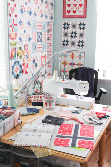 July 2026 quilt projects on Amy Smart's sewing room table