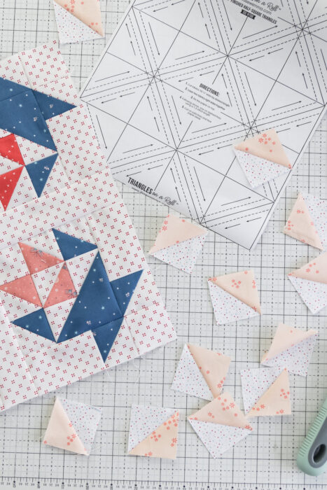 Making half square triangles with foundation papers from the Fat Quarter Shop