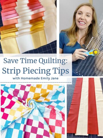 Collage demonstrating strip piecing for quilts, including sewn fabric strip sets, rotary cutting with a Stripology ruler, and finished modern quilt patterns.
